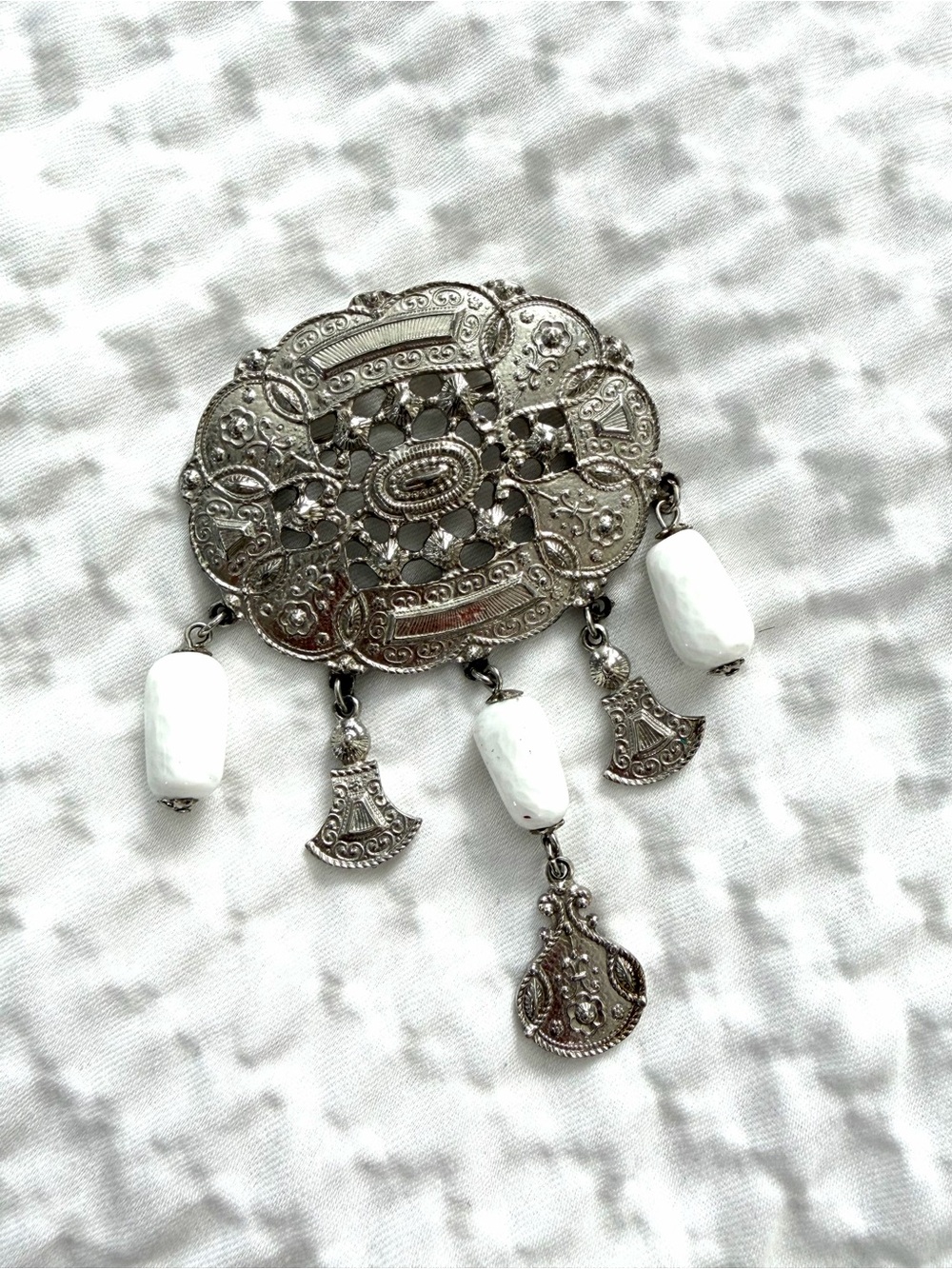 Vintage Goldette Etruscan Style Tassel Brooch with Moonstone